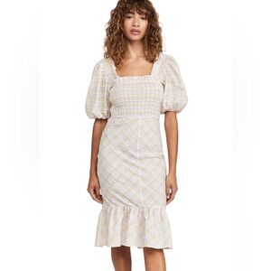 GANNI Smocked Puff Sleeve Midi Dress Cottagecore Prairie Style Size 38 US 4-6